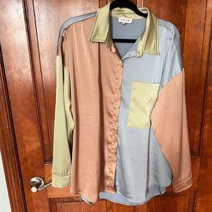 Satin Colorblock Button Down Blouse